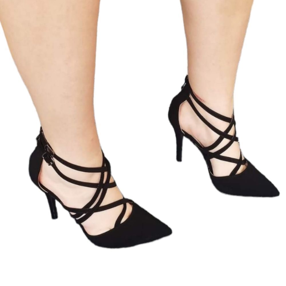 Forever Link Black Multi-Strap Pointed Stiletto Heels